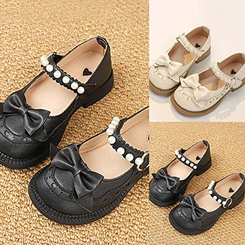 Girls Closed Toe Mary Jane School Unifor𝐦 Shoes Toddler Flower Girl Dress Shoes Pearls Bow Low Little Girls Lace Shoes (White, 8.5 Toddler)3