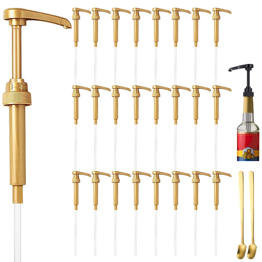 24 Pcs Gold Coffee Syrup Pump Dispenser, Compatible with 25.4 Oz/750ml Bottles, Great for Home & Coffee Bar Drinking Mixes