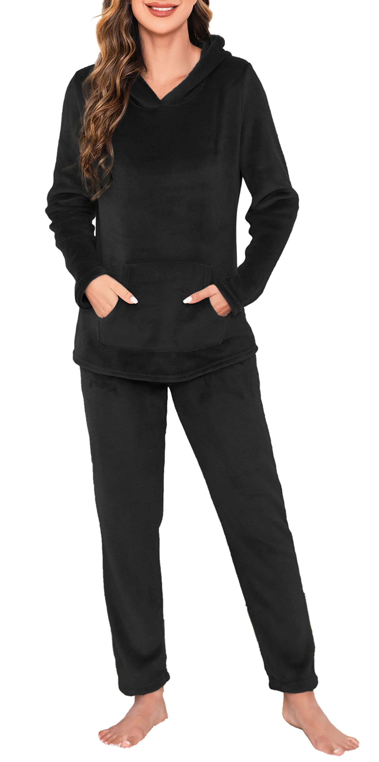 Lovasy Fleece Schlafanzug Damen Lang Winter Warmer Pyjama Set Flauschiger Frottee Schlafanzüge für Damen mit Taschen