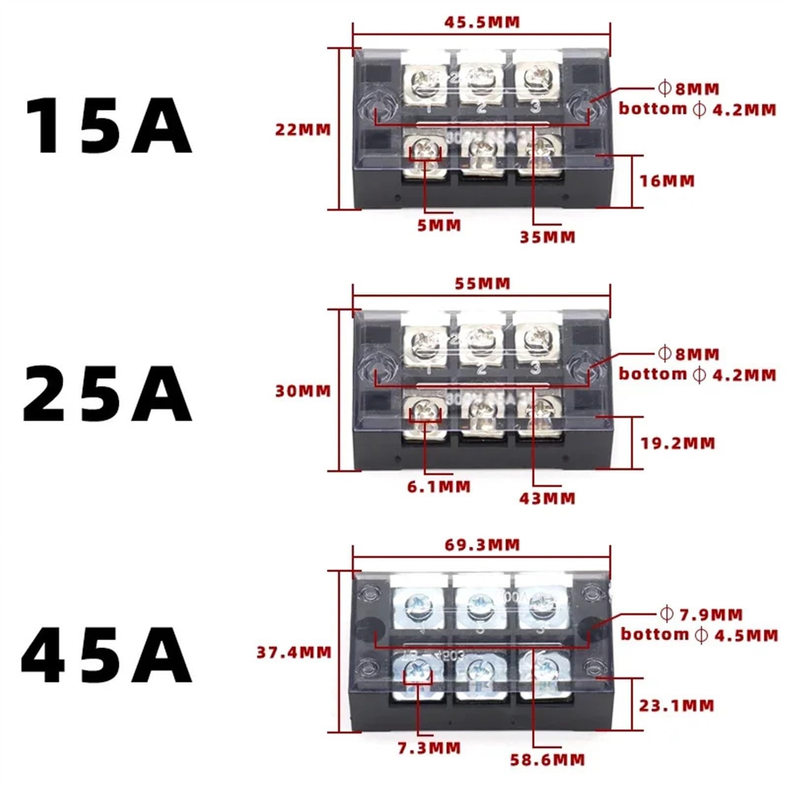 DIN Rail Terminal Block 600V TB 15A 25A 45A 3/4/5/6/8/10/12 Way Copper Bar Wire Connector Cross Screw Double Row Fixed Terminal(3 Way,25A)