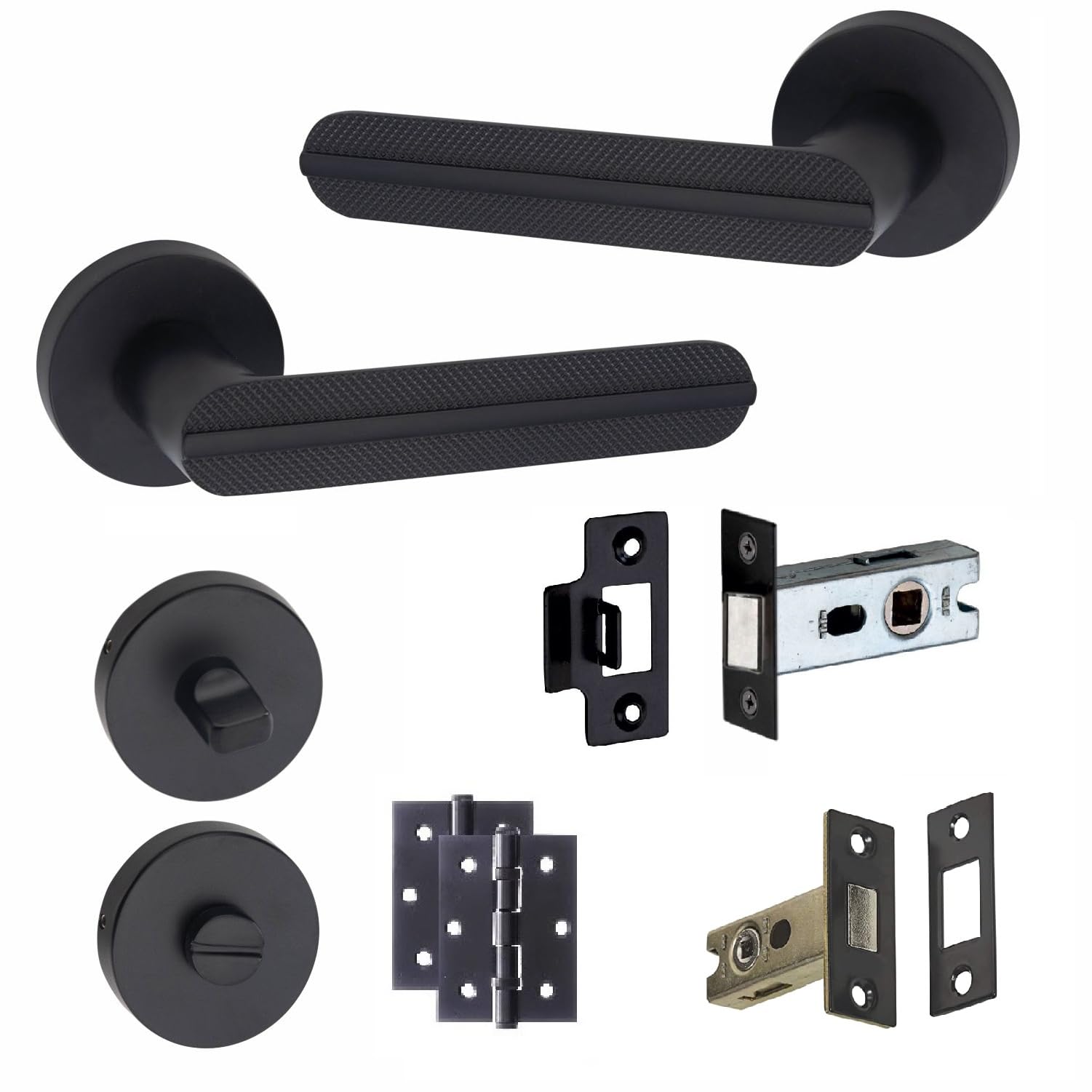 Golden Grace Modern Lima Design Premium Bathroom Door Handles on Round Rose in Matt Black Finish with Dead Bolt, Latch, Ball Hinges & Thumbturn