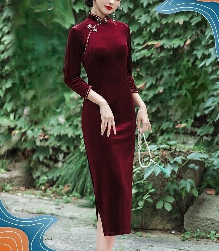 Generico Abiti Cinesi da Donna in Velluto Cheongsam Lungo con Colletto alla Coreana vestibilità Attillata Maniche A 3/4 Aderenti in Velluto Tinta Unita Abiti da Sera Qipao con Spacco Laterale Sexy