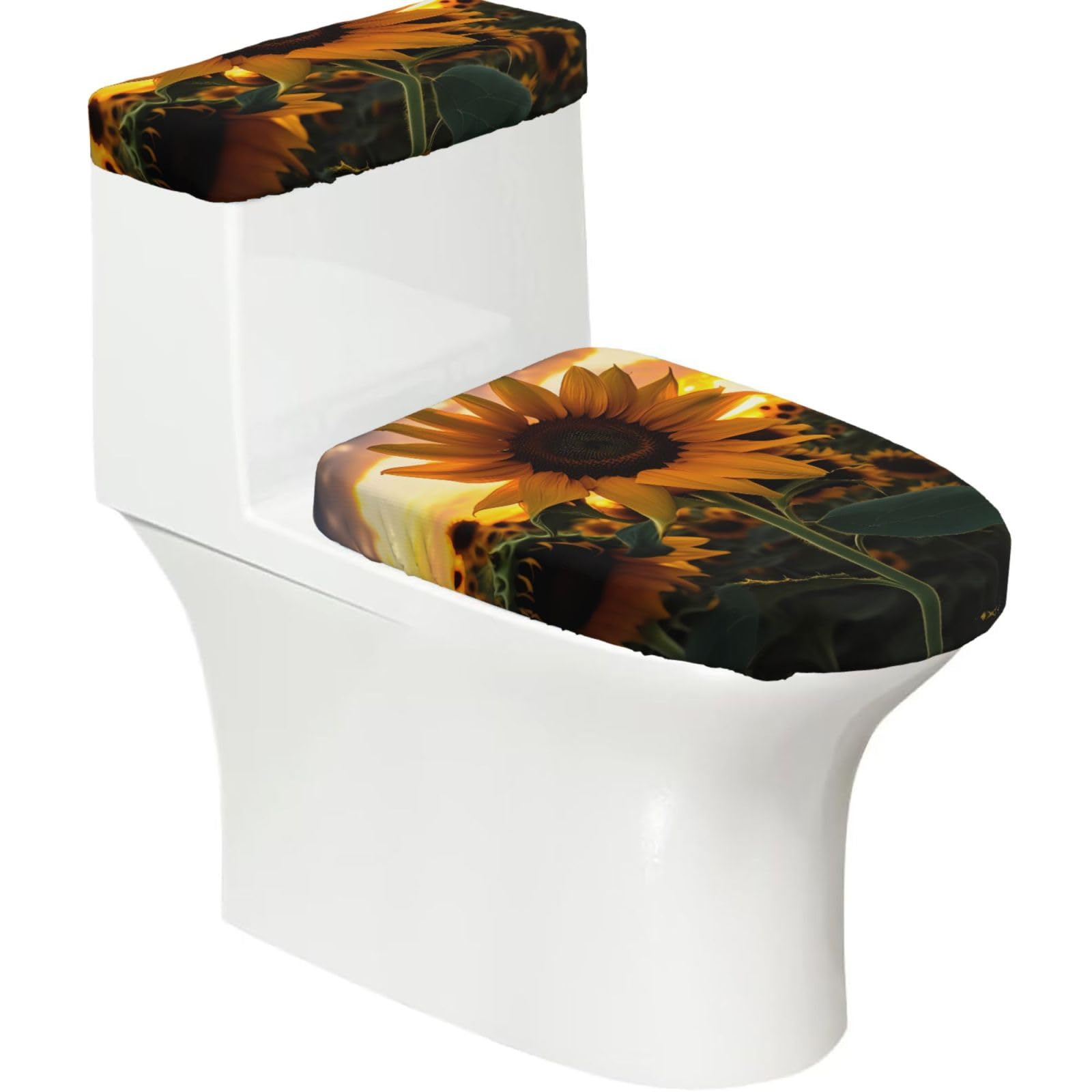 Farm Sunflower 2-Piece Toilet Seat Cover Set with Tank Lid - Elastic for U-Shape & Elongated - Bathroom Decor