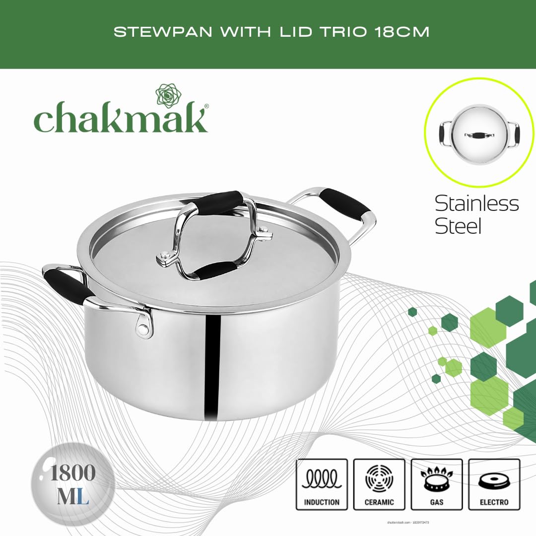 Chakmak Trio 18cm Triply Stewpan with Steel Lid | Stainless Steel | 1.8 Litre | Induction and Gas Stove Compatible | Silver Color | 5 Years Warranty