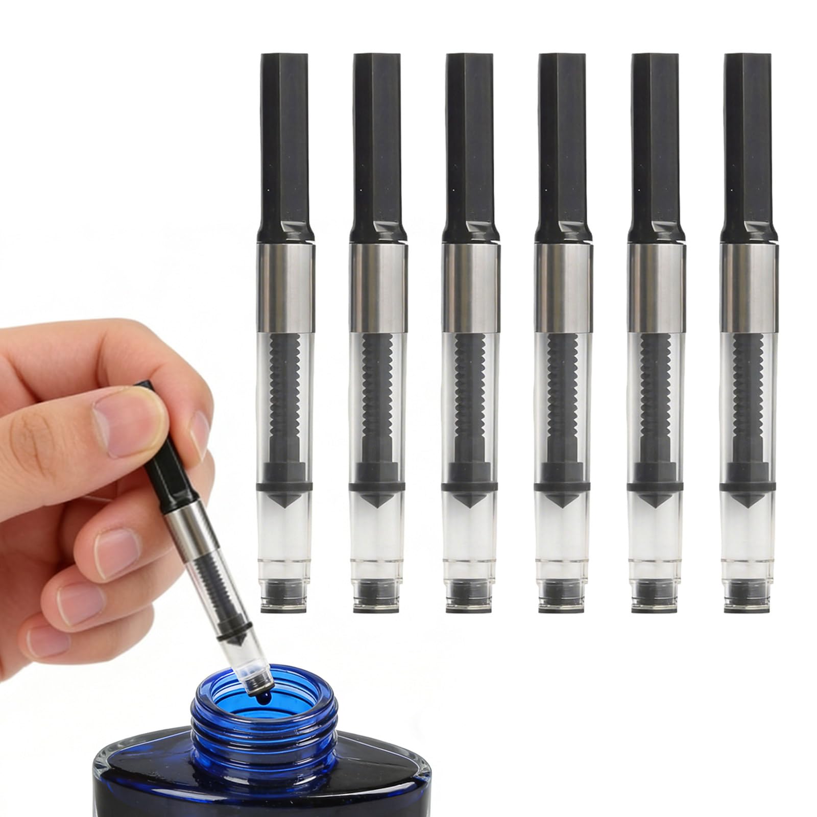 6 Pack Black Ink Pen, Black Writing Pens, Universal Push in Fountain Pen Ink Cartridges/Converter, Fill Ink Absorber Resistant and Deft Writing and Correction Supplies Pens and Refills(Pull-Out Style)