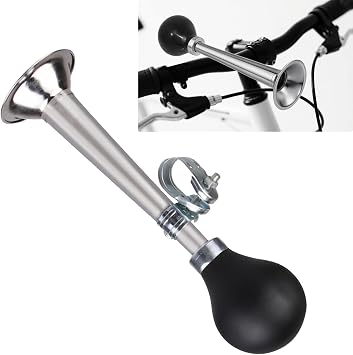 Bike Air Horn, Loud Chrome Metal Bicycle Horn, Classic Retro Loudspeaker with Rubber Squeeze, Universal for Vehicles, Bicycles, Golf Carts Silver