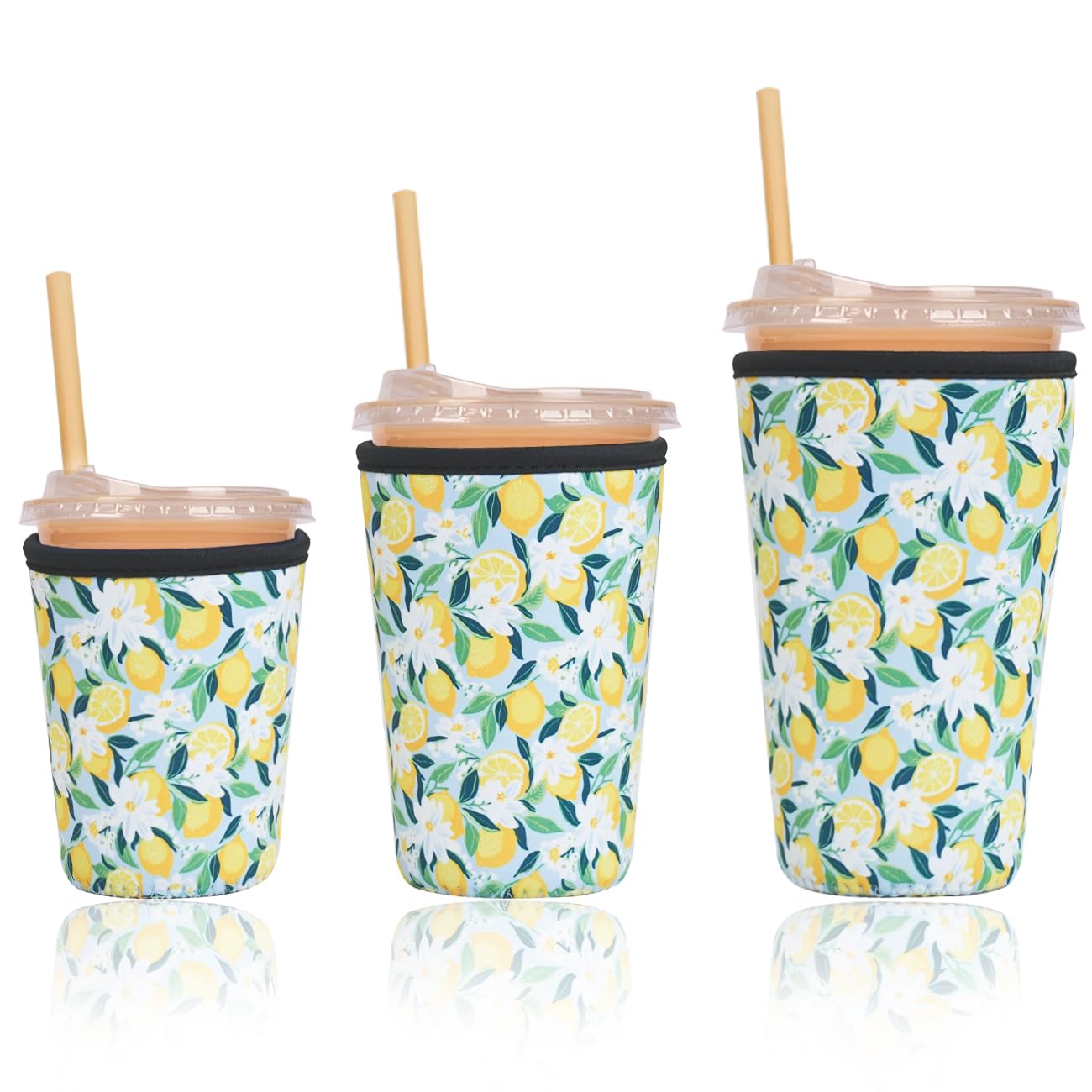 Reusable Insulated Sleeve for Iced Coffee Cup, 3-Pack Coffee Neoprene Drink Sleeve for Cold &amp; Hot Drinks, Beverage Holder for Iced Coffee (Bright Lemons)