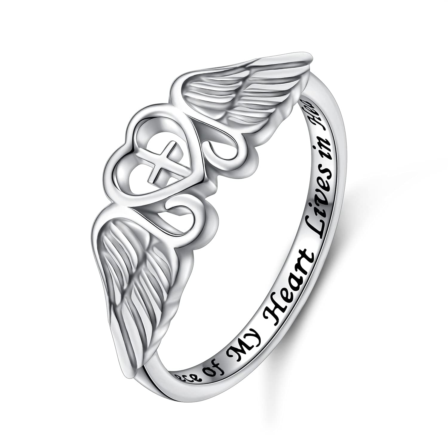 FLYOW S925 Sterling Silver A Piece of My Heart Lives in Heaven Angel Wing Ring for Women Jewelry Memory of Mom Dad Grandma Grandpa Daughter Son Loss
