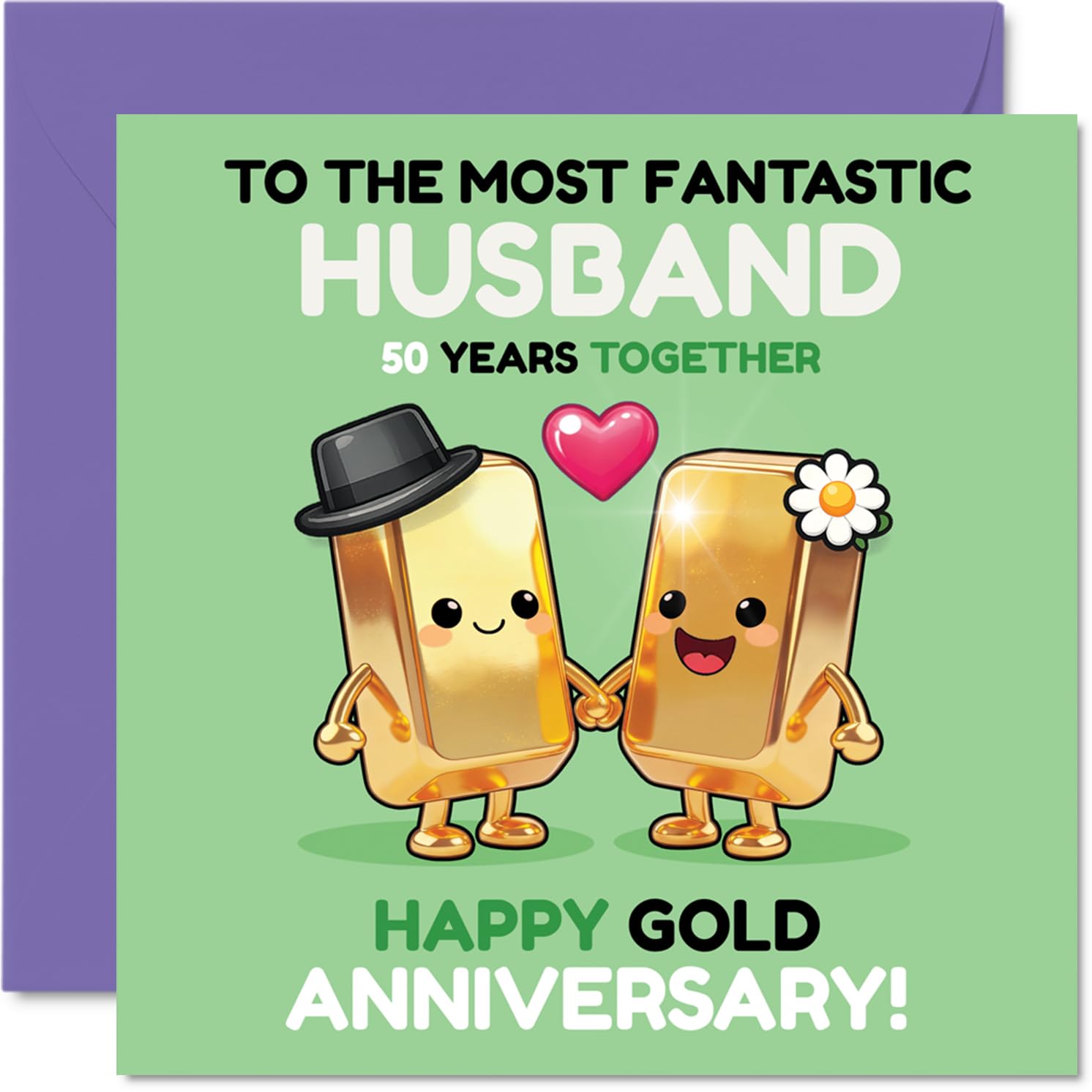 Playful 50th Anniversary Card for Husband - Playful Gold Bars Hand-in-hand - Quirky Illustration Celebrates Half a Century Together - 145mm Square, Envelope Included