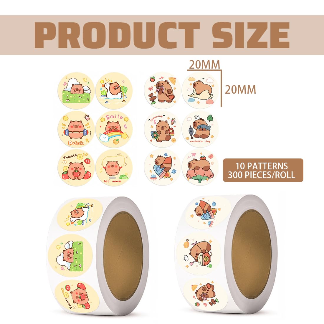2 rotolo di 600 Capybara sticker, Capybara adesivi divertenti a forma, impermeabili, per amanti dei DIY bottiglia d'acqua album di ritagli telefono, un regalo per gli amanti dei manuali (C)