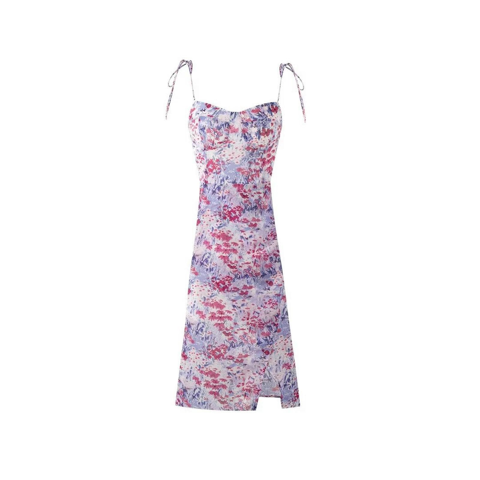 Robe à bretelles mi-longue au tissu frais et fluide avec imprimé floral doux