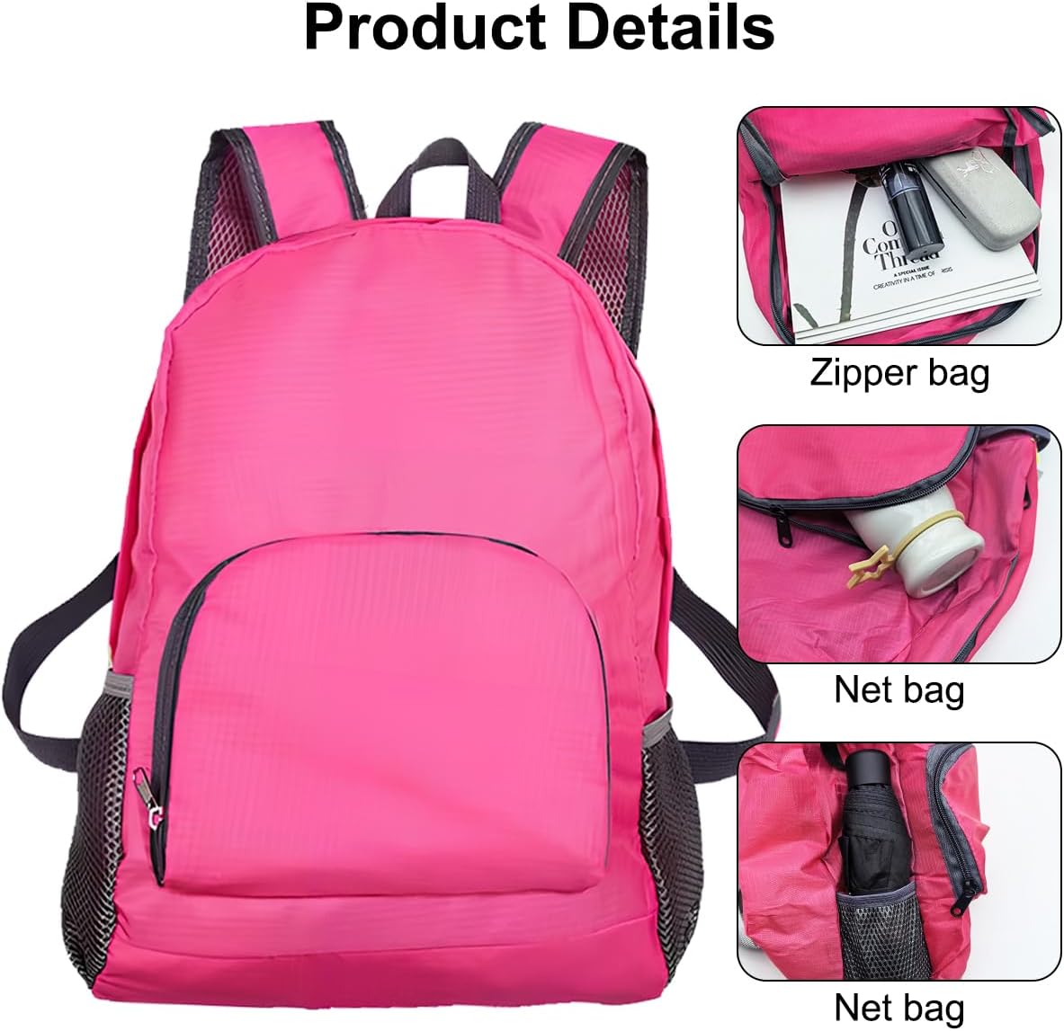 Pack of 2 Lightweight Foldable Backpack, Water Resistant Travel Hiking Packable Backpack 20 Liters (Rose red + orange) for Camping, Outdoor, Travel Cycling image 2