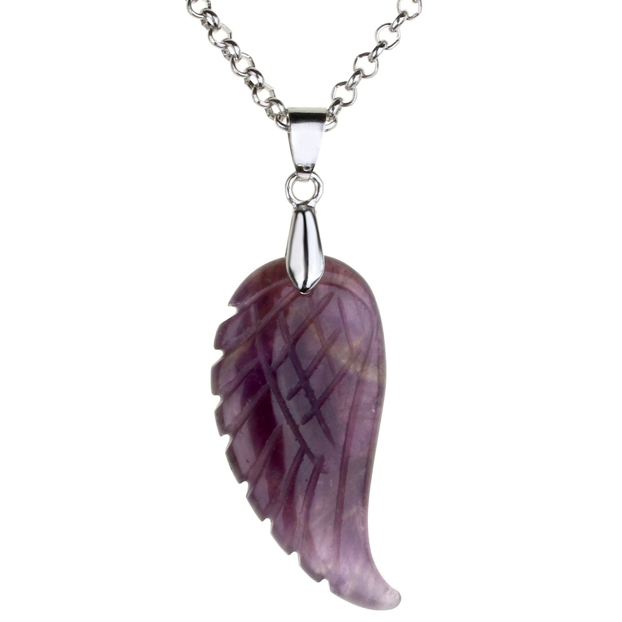Top Plaza Natural Amethyst Crystal Quartz Gemstones Chakra Reiki Healing Angel Wings Carved Stone Pendant Necklace/W Chain 20 Inches For Womens-image-17
