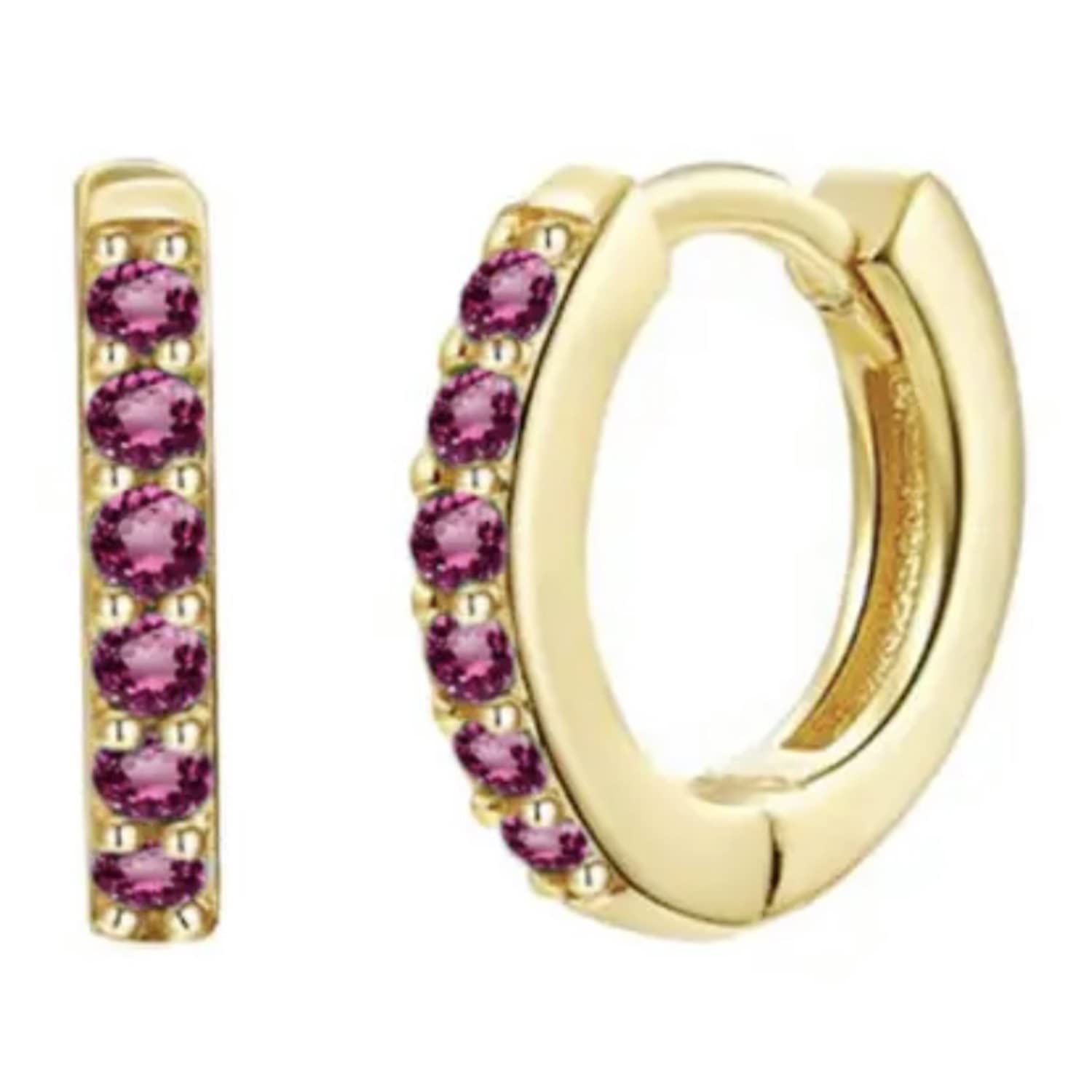 AT Jewellery14K Gold Filled | 925 Sterling Silver Small Ruby Red Gemstone 11mm Sleeper Huggie Hoop Earrings
