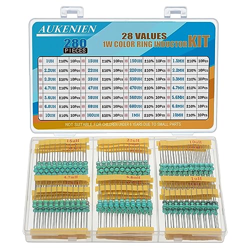AUKENIEN 1W 28 Valores Inductores 280 Piezas 0510 1uH a 10mH Inductor Anillo Coloreado 1 Vatios Kit de Surtido