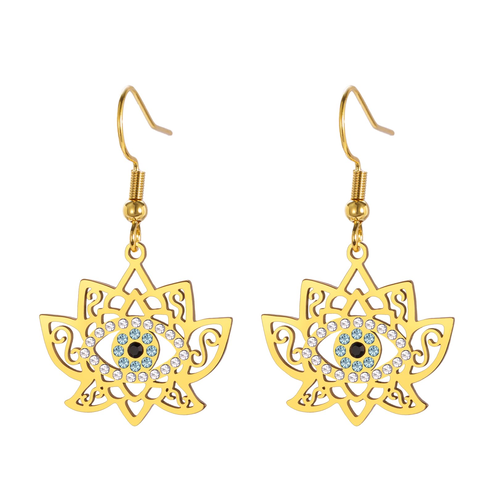 Dreamtimes Evil Eye Earrings for Women Evil Eye Lotus Protection Pendant Earring Stainless Steel Lotus Earrings Lotus Flower Charm Earring Unique