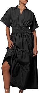 Womens Summer Short Sleeve Maxi Dresses Casual V Neck Smocked Loose Tiered Flowy Shirt Dress with Pockets - Buy now