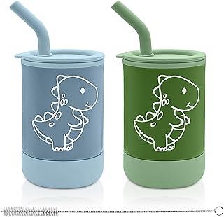 TQONEP Toddler Sippy Cup with Silicone Straws,5oz Kids Silicone Training Cup,Sippy Cup Leakproof Lid,Spill Proof Sippy Cups for Babies 6 Months-Including Cleaning Brush (Blue+Green)
