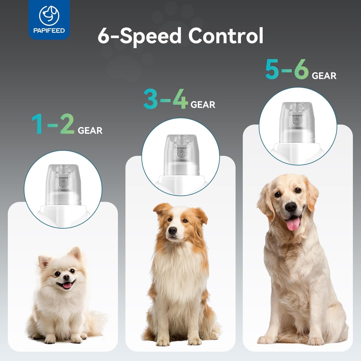 PAPIFEED Molinillo de uñas silencioso para perros de alto par – Cortadora de uñas ajustable de 6 velocidades con 2 luces LED y cubierta a prueba de polvo, potente motor para perros y gatos grandes