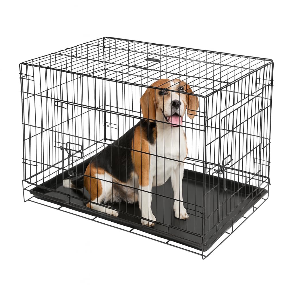 2 Door Metal Dog Crate with Removable Tray - Medium - 1x Heavy Duty Folding Foldable Portable Collapsible Indoor Car Travel Training Cage Bed Carrier Furniture - Black - by Harbour Housewares