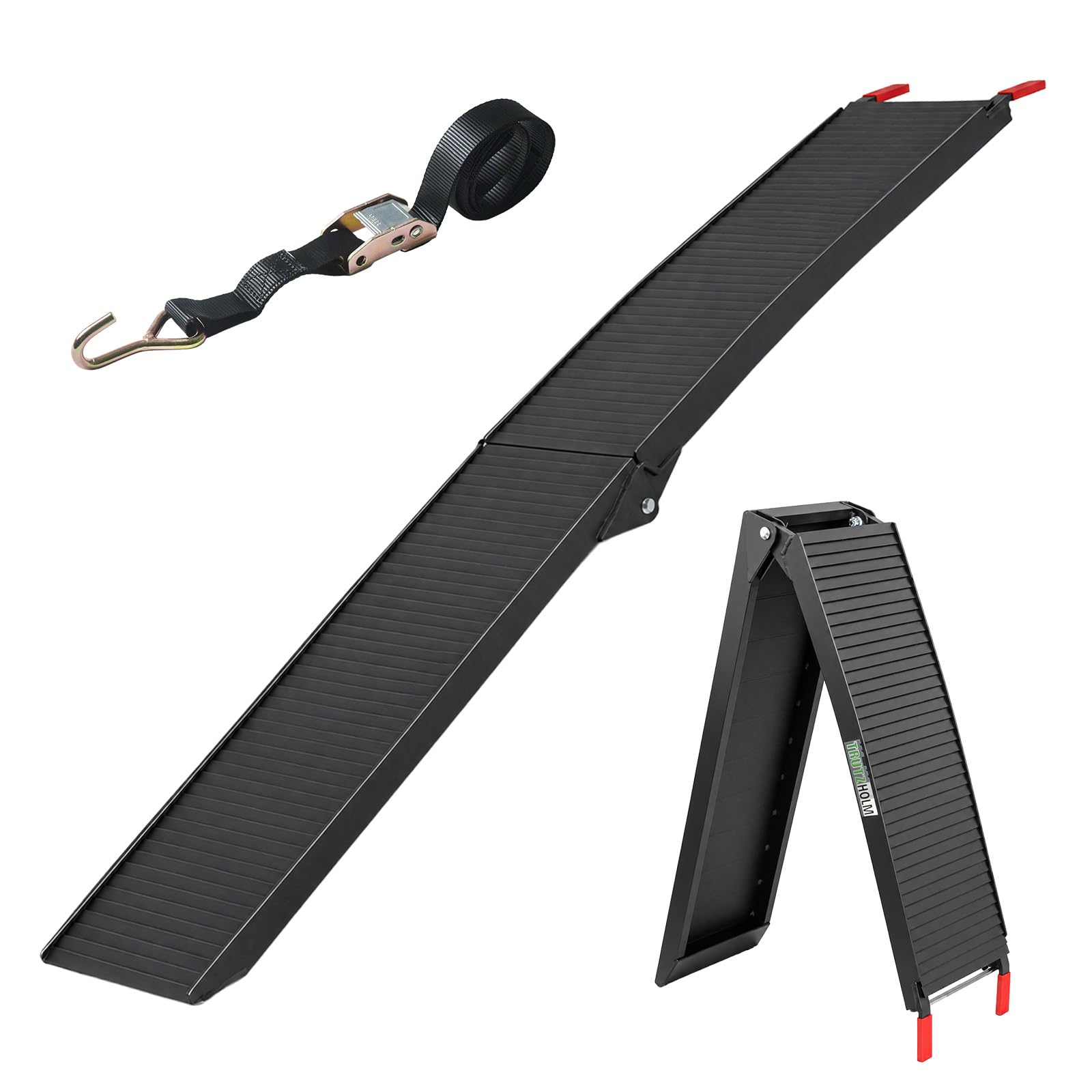TRUTZHOLM 1x Auffahrrampe klappbar Aluminium Gesamtlänge 205 cm Traglast 340 kg geriffelte Oberfläche gummierte Auflage Rampe Motorradrampe Verladerampe inkl. Spanngurt in schwarz