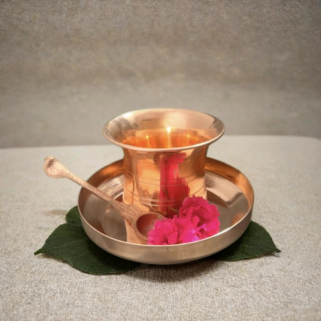 COOKWARE PARADISE Copper Panchapatra Set with Plate and Achamani Spoon for Hindu Puja/Pooja, Mandir, Temple, Charanamrit, Abhishekam Rituals