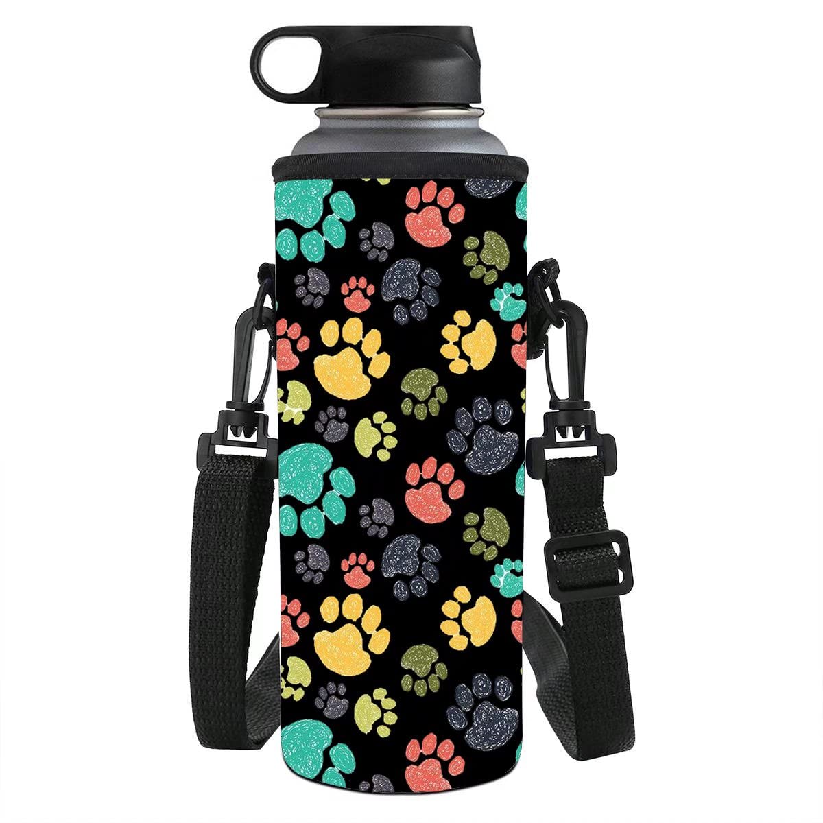 chaqlin Cute Dog Paw Water Bottle Carrier with Colorful Tie Dye Print Insulated Bottle Protector for Women Ladies Outdoor Cycling Plastic Bottles with Adjustable Shoulder Strap โ image 1