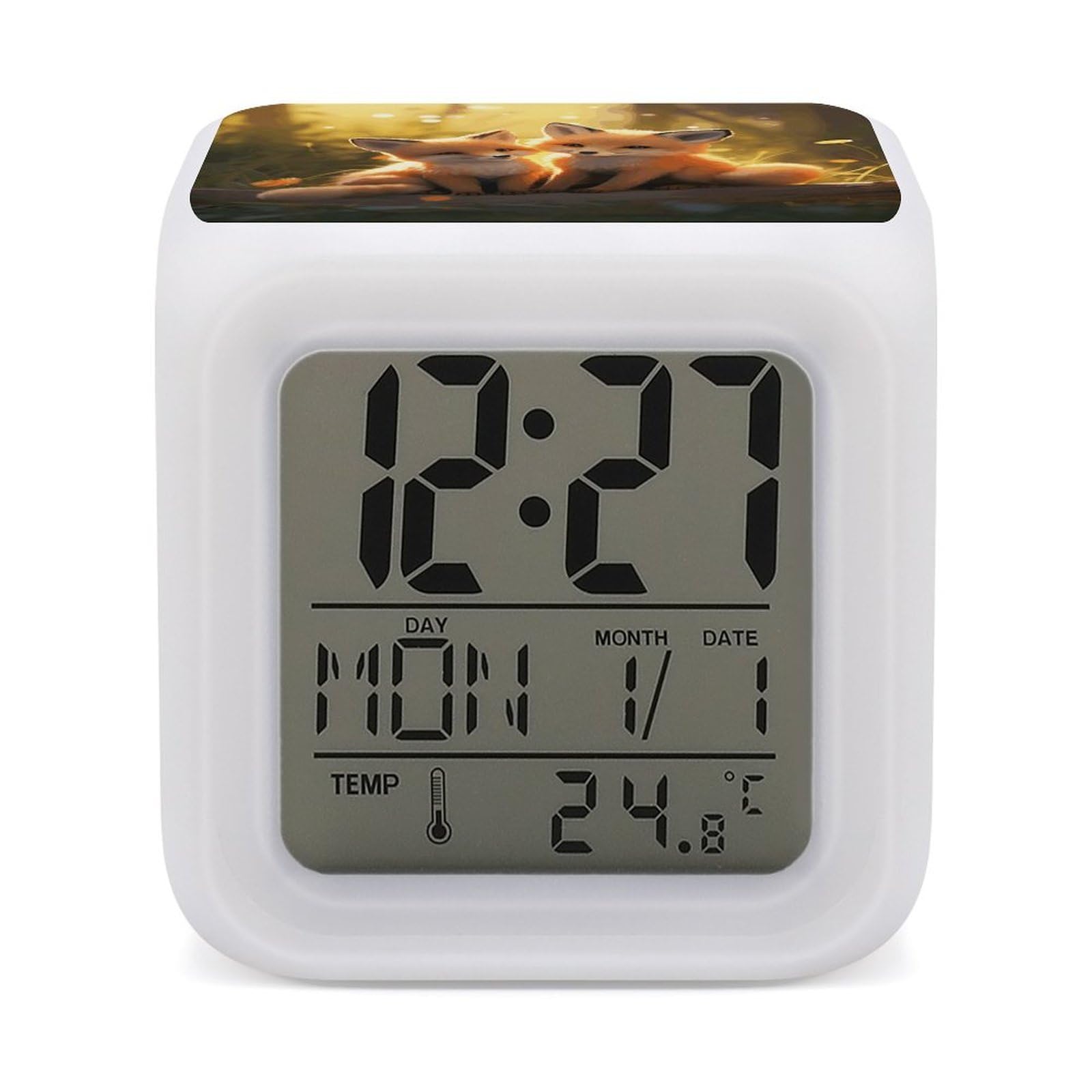 JTREHY 7 Color Changing LED Digital Alarm Clock,Cute Foxes Printed Wake-up Clock with Temperature Display Home Decoration Alarm Clock for Bedroom Office