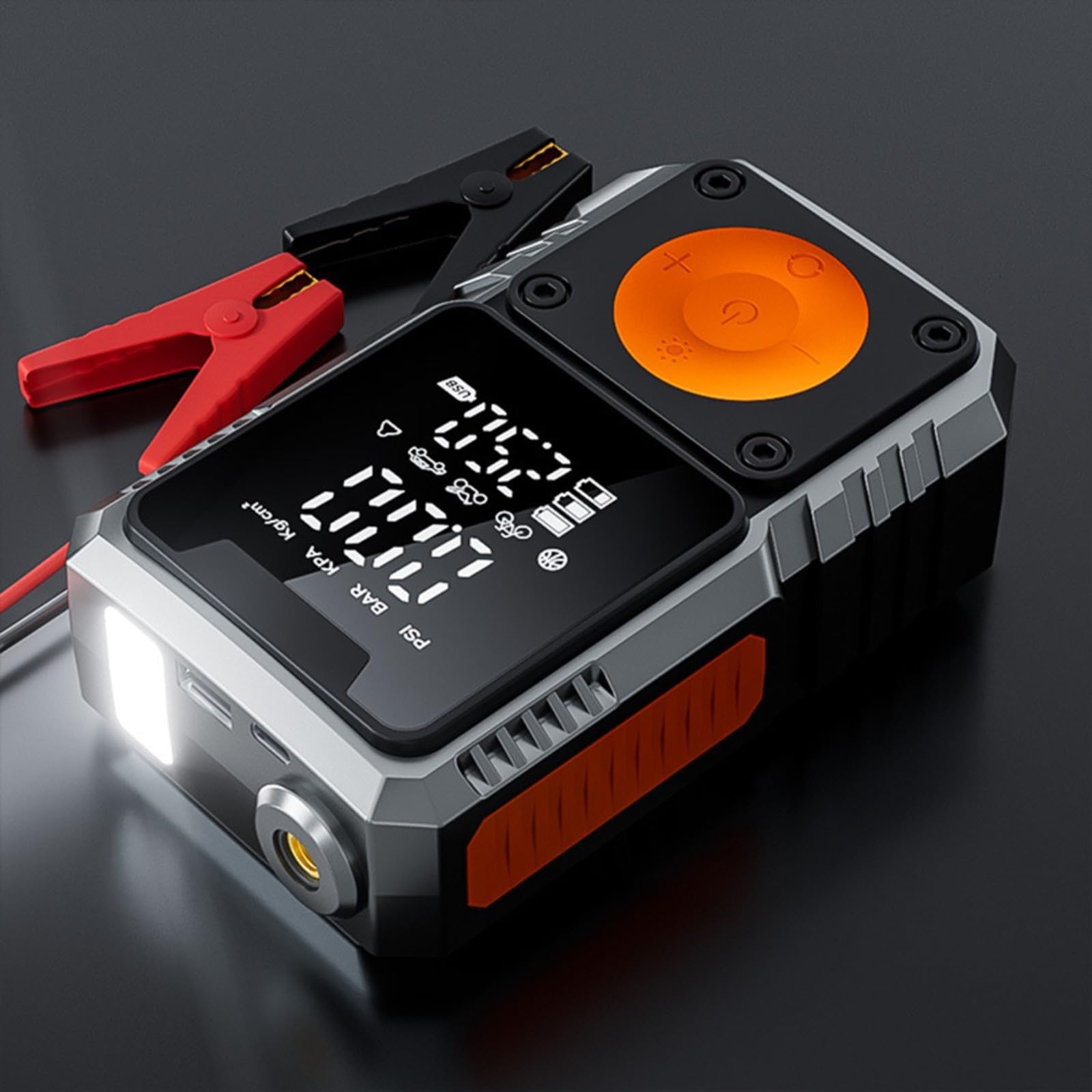 Avviatore di emergenza per auto da 7200 mAh e pompa ad aria con gonfiaggio 150 PSI, ricarica di tipo C, illuminazione a LED, materiale ABS, design portatile (4 x 1500 mAh)