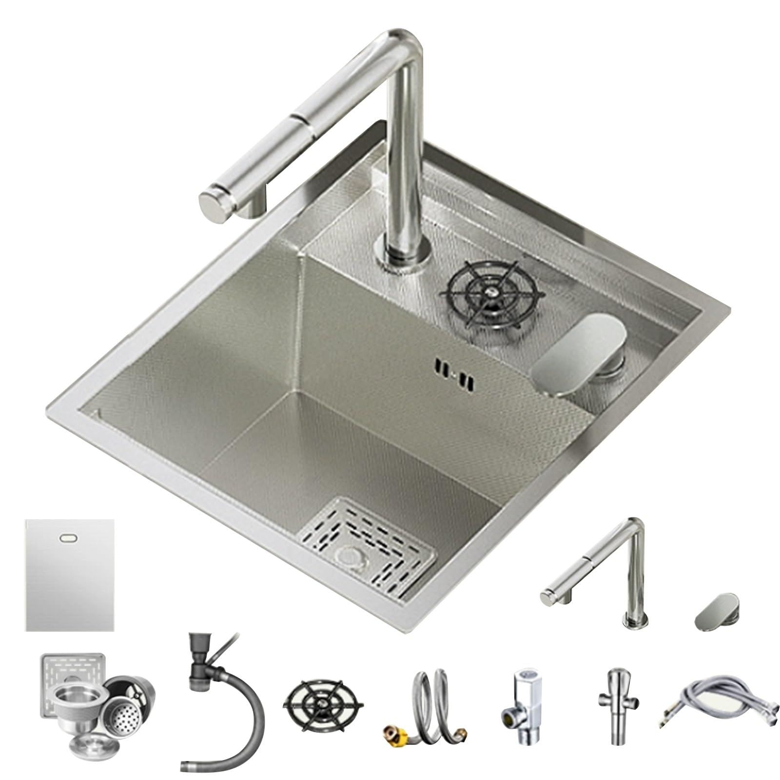 WBJGUOD Invisible Single Bowl RV Sink–Hidden Stainless Steel Sink with Faucet Cover, Cup Washer & Siphon Outdoor Washing Basin