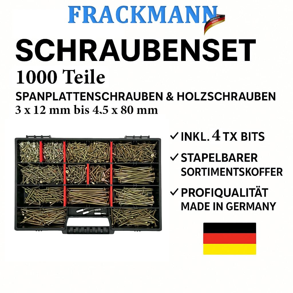 FRACKMANN Schraubenset 1000 Teile – Holzschrauben & Spanplattenschrauben 3x12 bis 4,5x80 – inkl. 4 TX Bits & Sortimentskoffer – Profiqualität Made in Germany