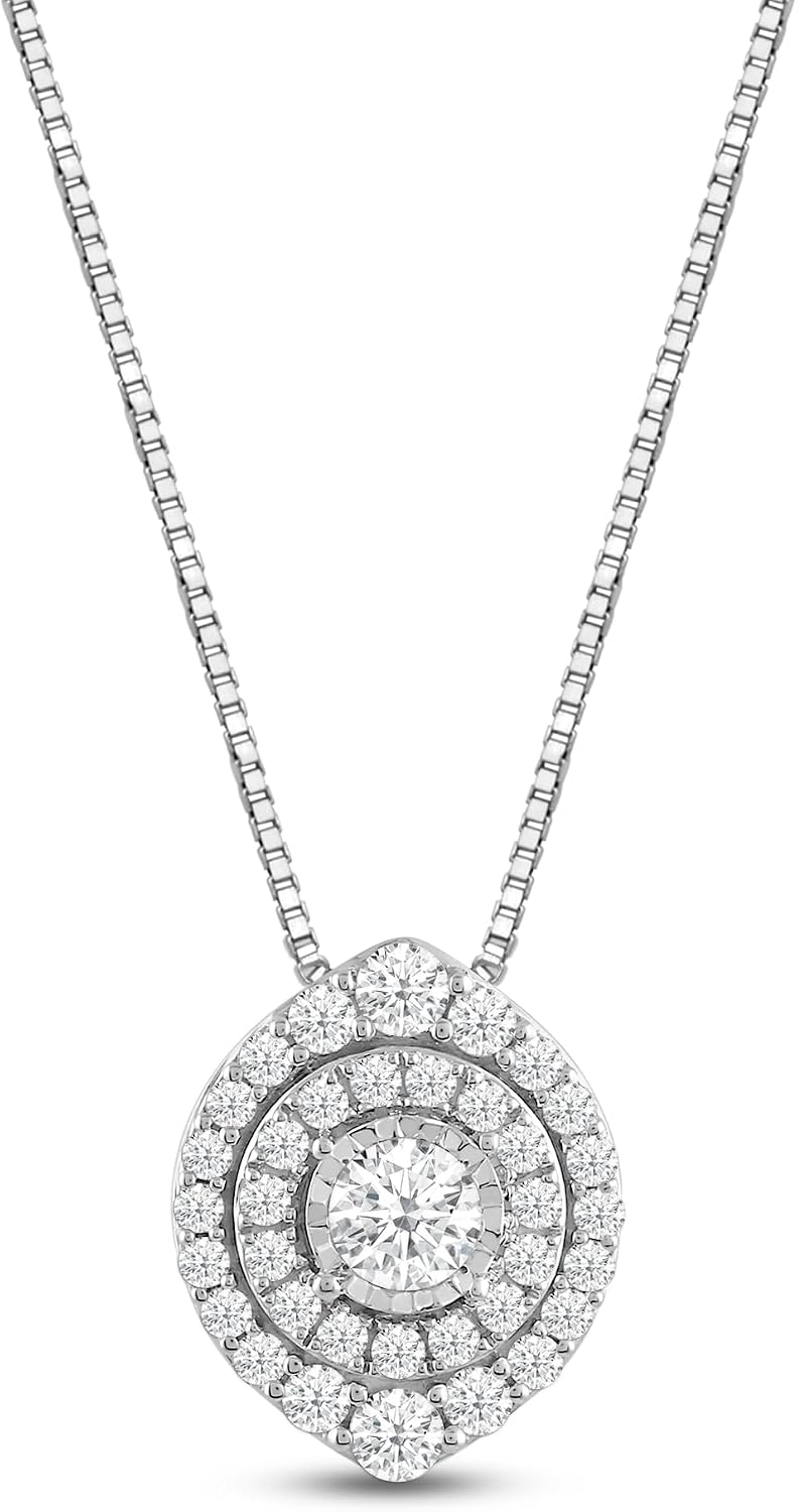 Jewelili 925 Sterling Silver Lab Grown Diamond Round Pendant Necklace for Women | 0.50 CTTW H Color I1 Clarity | Wedding & Bridal Jewelry | Gift Box Included