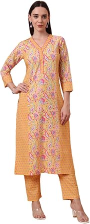 Tissu Womens Pure Cotton Yellow Floral Printed Kurta with Palazzo