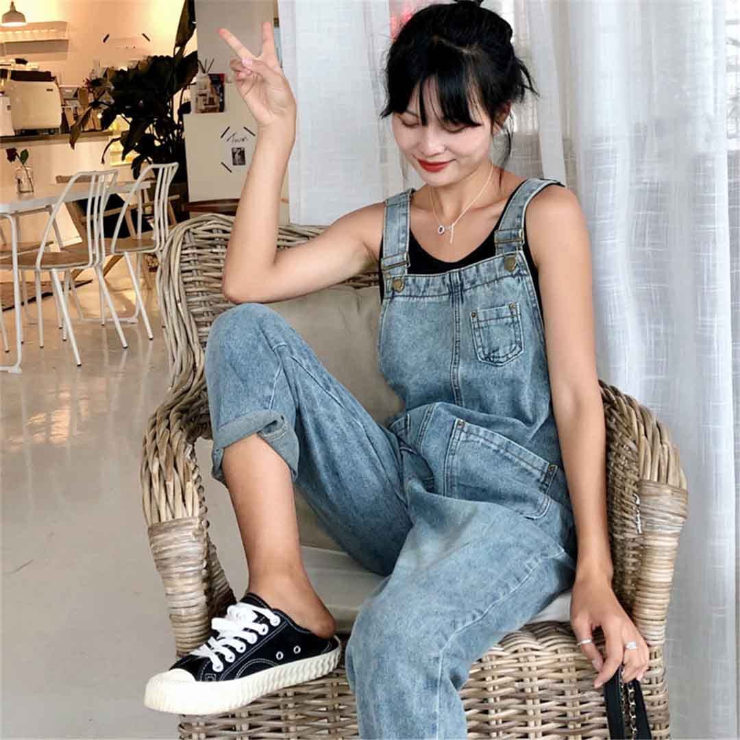 Suwequest Tuta da donna in denim autunno jeans tuta tasche tinta unita pagliaccetti salopette salopette vintage