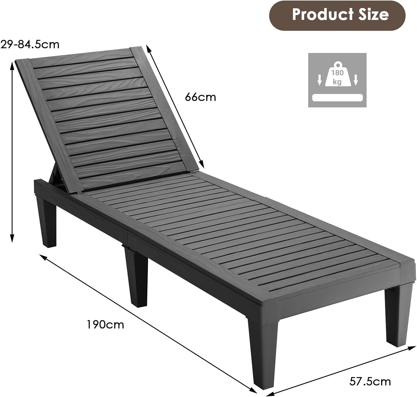 GIANTEX Tumbona de Jardín Exterior con Respaldo Ajustable en 5 Posiciones, Tumbona Reclinable de PP con Acabado Efecto Madera, Carga 180 kg, para Playa, Balcón, Terraza, Piscina (1, Negro)