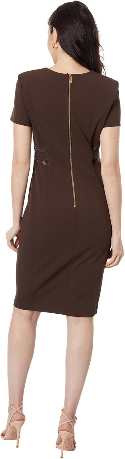 Calvin Klein Womens Short Sleeve Leather Waist Belt Mini Crepe Sheath Dress - Image 2
