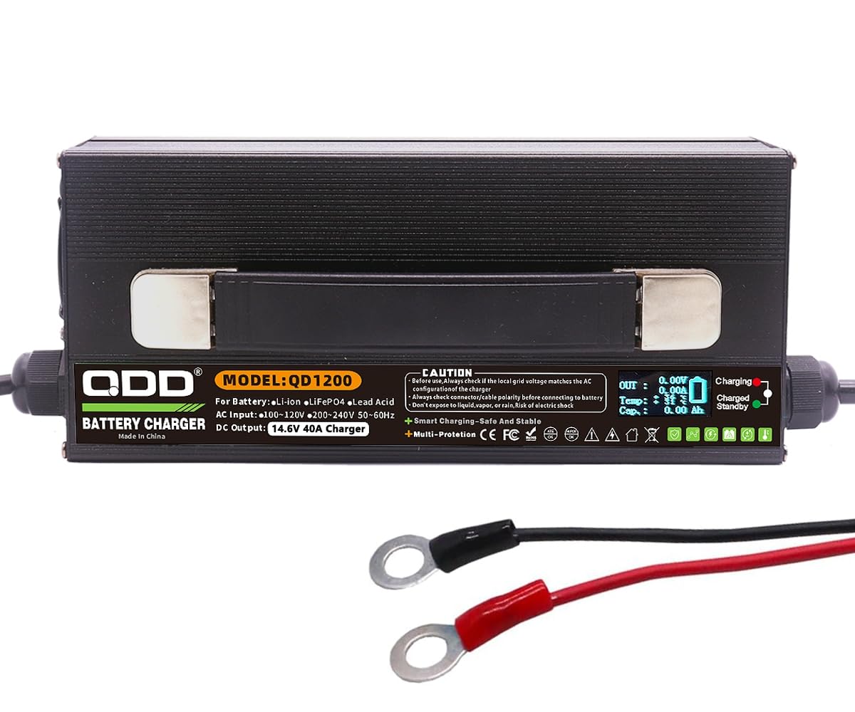 QDD Cargador de batería LiFePO4 de 14,6 V 40 A, especial para baterías LiFePO4 de 12 V, con indicador LED, cargador inteligente de CA CC para baterías de litio LiFePO4 de 12,8 V, carga rápida de 40 A