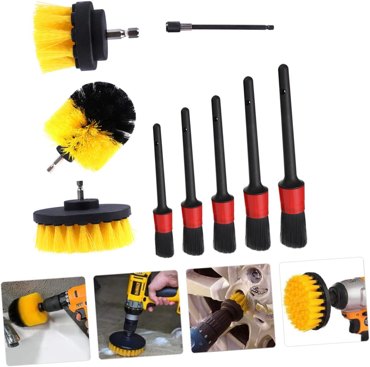 OUNONA 9pcs Drill Brush Attachment Set, Car Detail Scrubber Brush Kit for Auto Detailing, Yellow High-Performance Scrubber Heads for Vehicle Cleaning, Wheels, Upholstery, and Glass