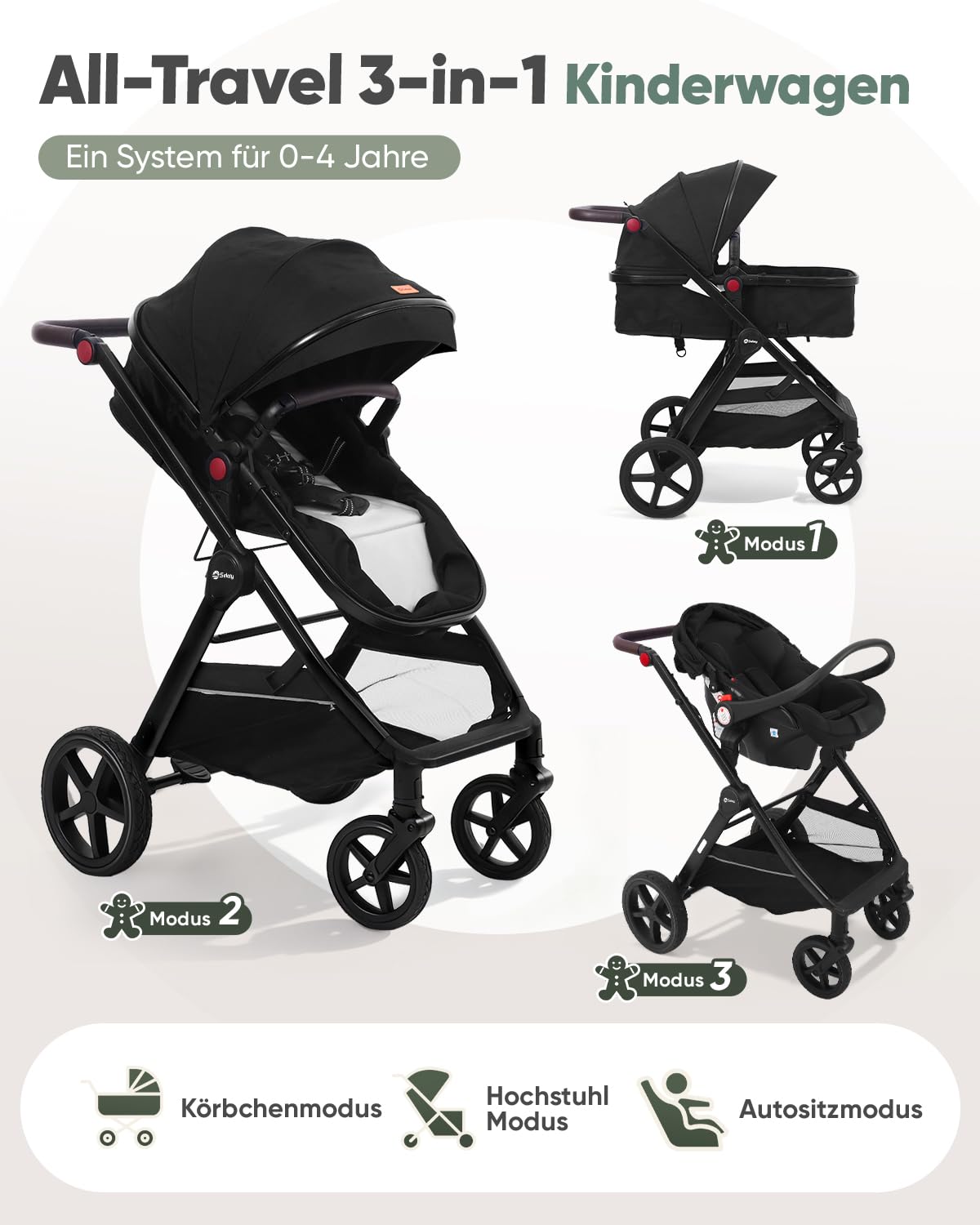 Sekey Kombi Kinderwagen Baby 3 in 1 Komplettset mit Regenschutz und Moskitonetz, Kinderwagen mit Liegefunktion bis 25kg, 0 bis 4 Jahre, 4-Rad-Federung, 5 Punkt-Gurt mit Reflektor, BW600, Schwarz