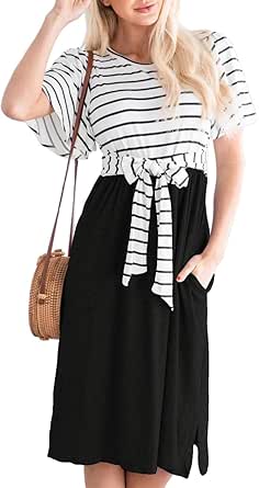MEROKEETY Women's Summer Striped Ruffle Sleeves Tie Waist Pockets Casual Swing Midi Dress