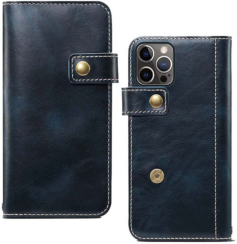 Étui portefeuille iPhone 13 Pro bleu en cuir avec porte-carte et bracelet