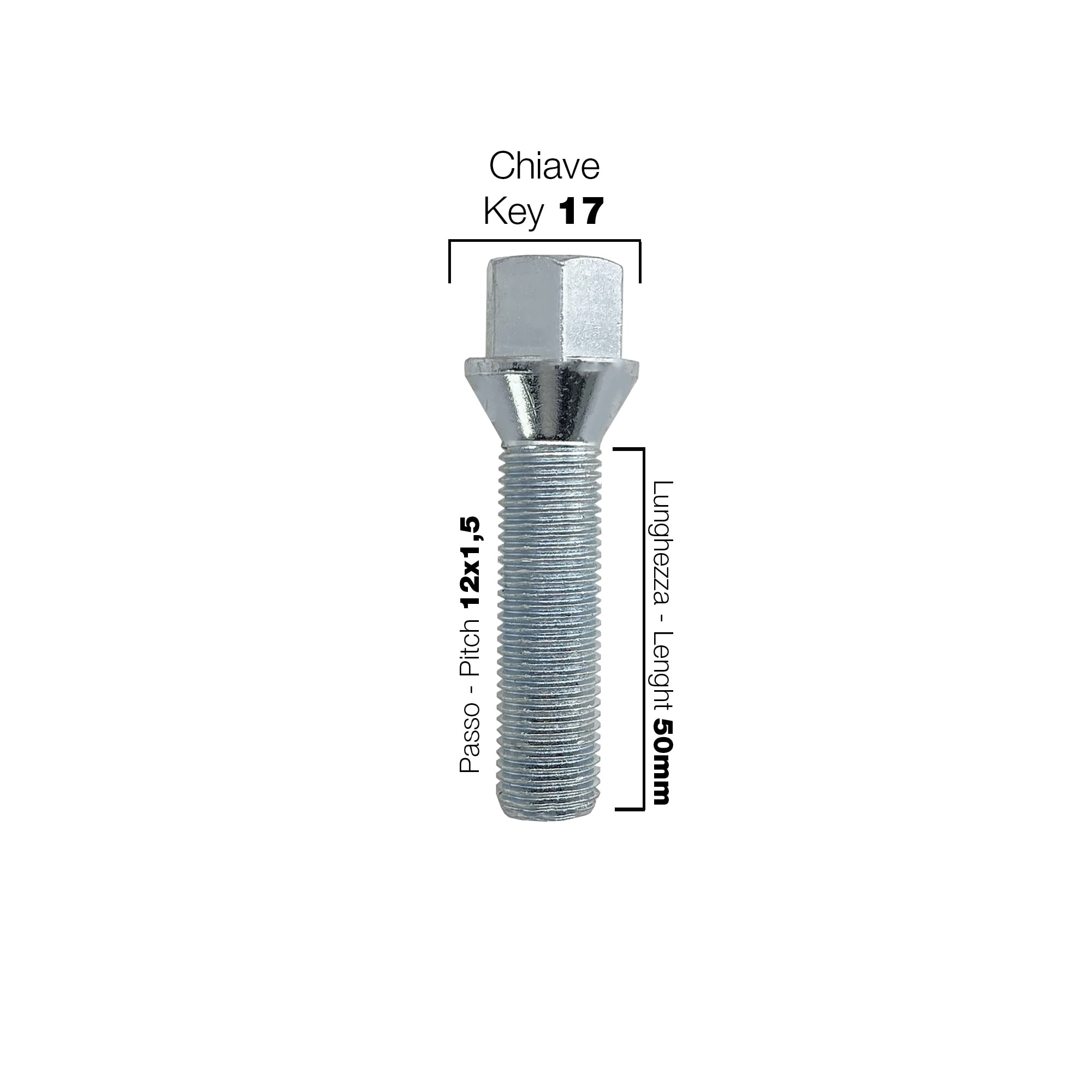 Simoni Racing BR/10-10 Kit 10 Bulloni Ruota M14x1.5 Lunghezza 50 mm Chiave 17 Conici, Acciaio Classe 10.9, Made in Italy