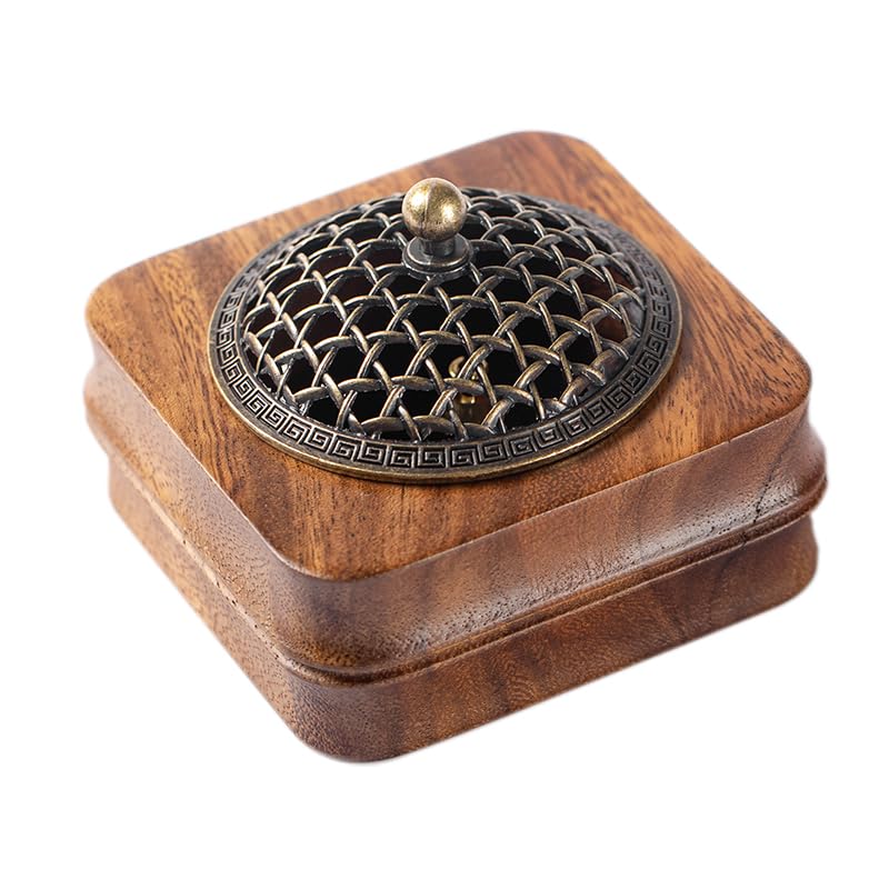 MIGAKU HOME Bamboo Node Walnut Wood Incense Burner Holder - 4" Handcrafted Square Censer with Alloy Lid for Sticks/Cones/Yoga & Meditation (Natural
