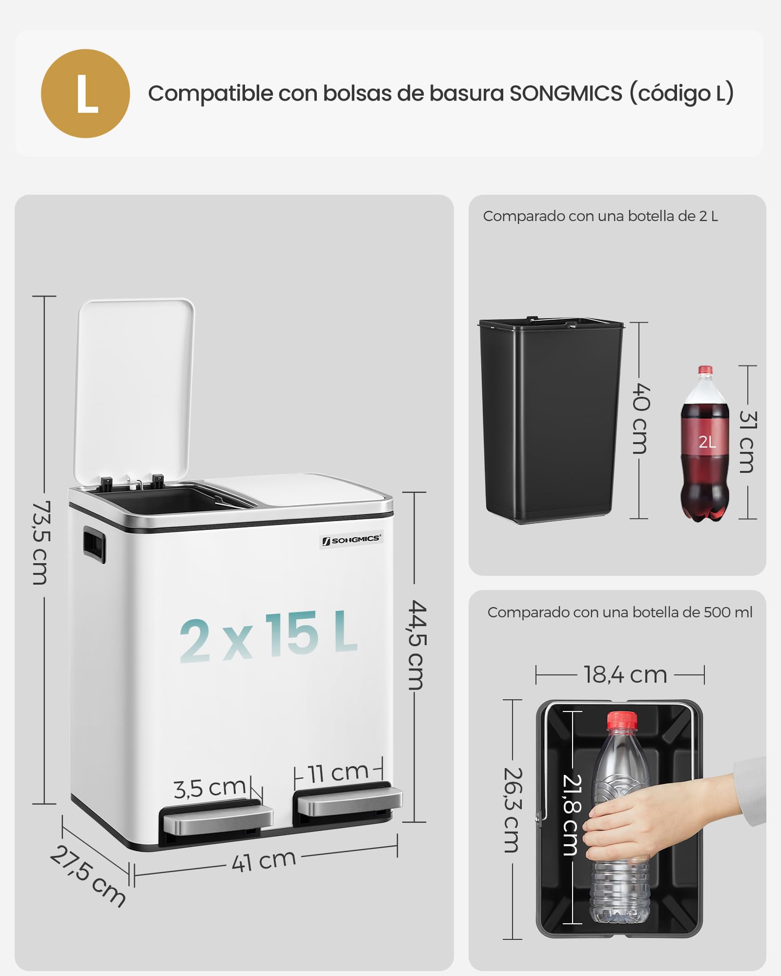 SONGMICS Cubo de Basura de Cocina, 2 x 15 L, Cubo con Cubeta Doble para Reciclaje y Residuos, con Pedal, Tapas de Cierre Suave, para Familias Pequeñas, Acero, Blanco Nube LTB30WT
