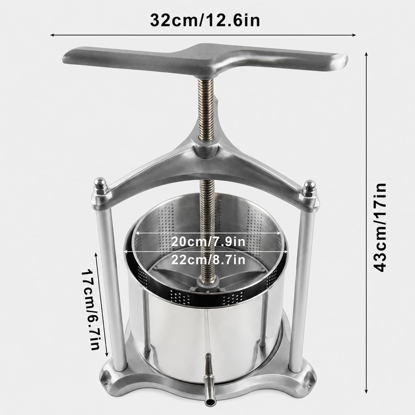 Presse à Fruits Manuelle 6 L, Pressoir à Jus en Acier Inoxydable | Base Triangulaire, Poignée en T et Panier Amovible pour Raisins, Pommes, Baies, Miel, Fromage, Herbes et Cidre
