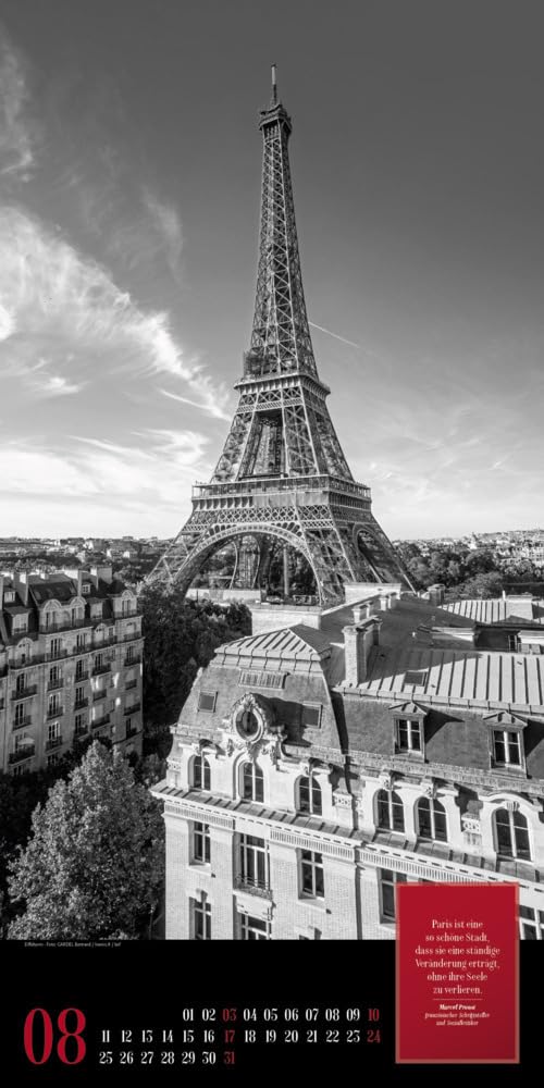 Paris, je t'aime Kalender 2025, Wandkalender in Schwarz-Weiß im Hochformat (33x66 cm) - Städtekalender / Literaturkalender mit Zitaten
