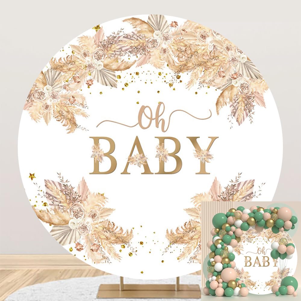 Leyiyi 6x6ft Boho Oh Baby Round Backdrop Cover Bohemian Pampas Grass Gold Spots Glitter Photography Background Circle Backdrop Cover for Oh Baby Party