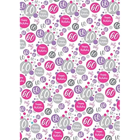 2 Sheets 60th Birthday Wrapping Paper Age 60 Birthday Gift Wrap Female Pink, Lilac and White (PA) Cover