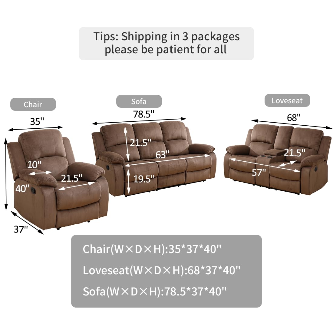 Toseslo Manual Reclining Couch Sofa Set with Drop-Down Table, 3 Pieces Brown Corduroy Recliner Couch Sets, Living Room Furniture Sets, Recliner Sofa with Storage Console/Cup Holder for Home/Apartment view 2
