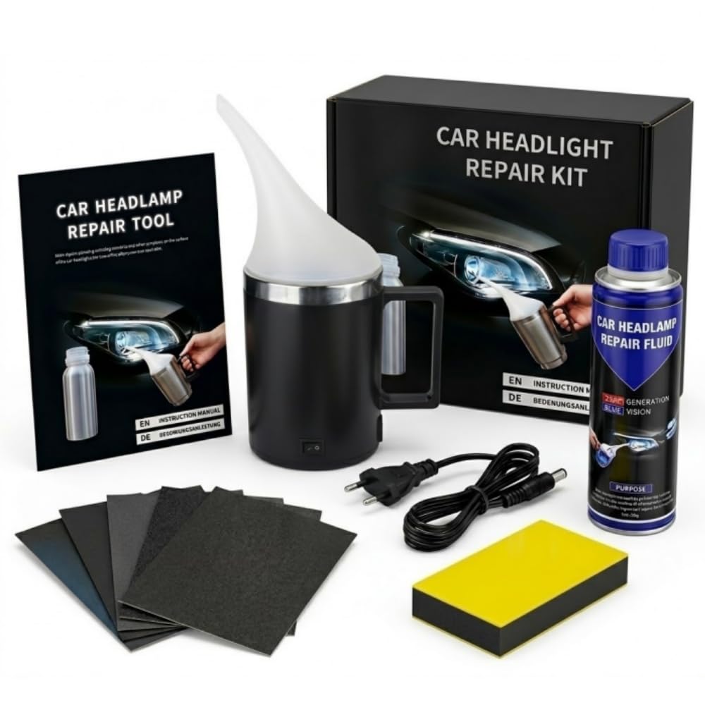 Auto Scheinwerfer Aufbereitungsset mit Zerstäuberbecher & 200ml Politur, DIY KFZ Scheinwerfer Reparatur Set für vergilbte, zerkratzte Linsen, inkl. EU-Stecker & Schleifpapier